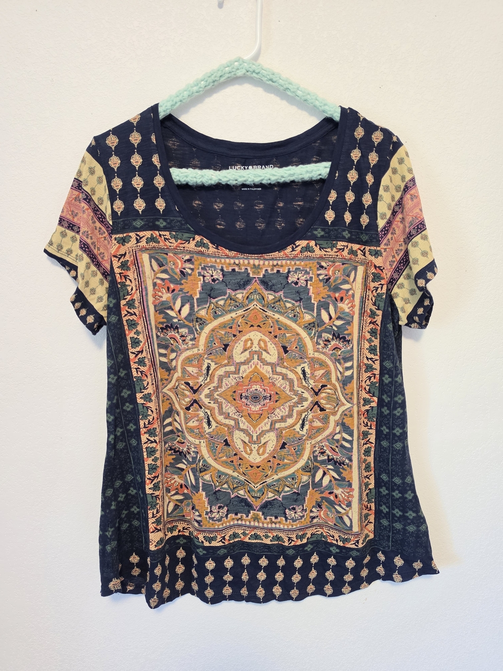 Lucky Brand Women's Navy & Multi Medallion Print Scoop Neck Top Size XL NWT